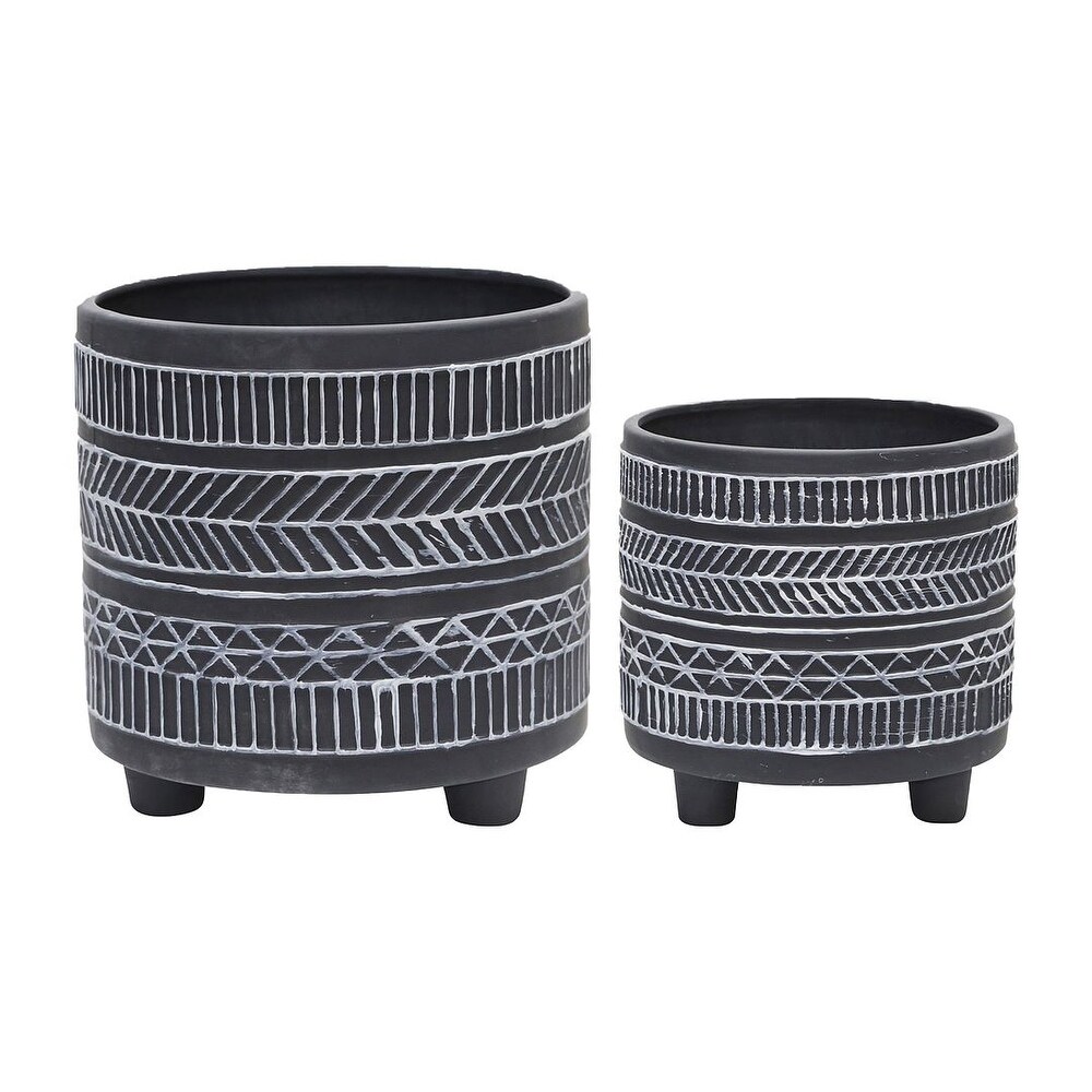 Set of 2 Black and White Tribal Footed Ceramic Outdoor Planters 8\