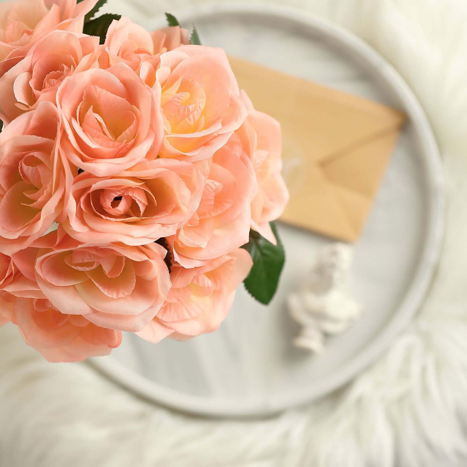 Peach Artificial Velvet-Like Fabric Rose Flower Bouquet Bush 12