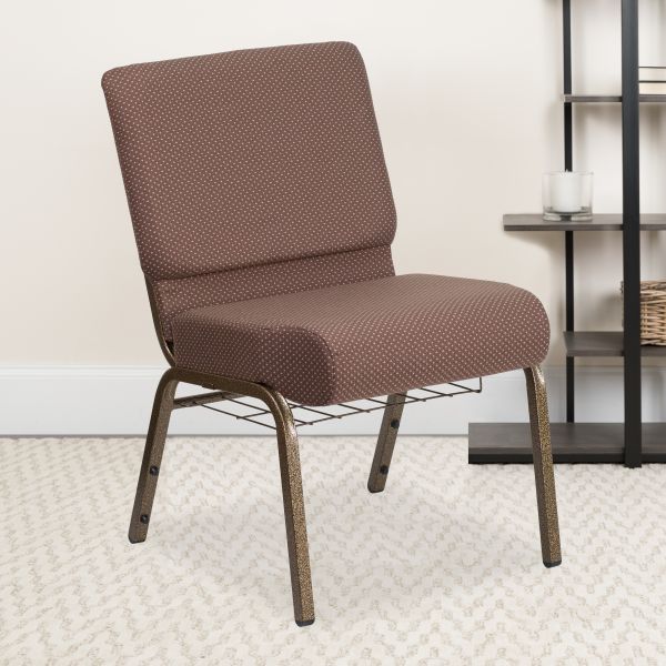 Flash Furniture HERCULES Series 21'' Wide Brown Dot Fabric Church Chair with 4'' Thick Seat， Book Rack - Gold Vein Frame