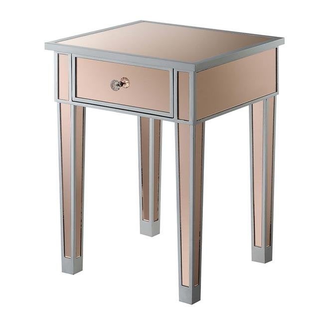 Gold Coast Mirrored End Table with Drawer， Antique Silver