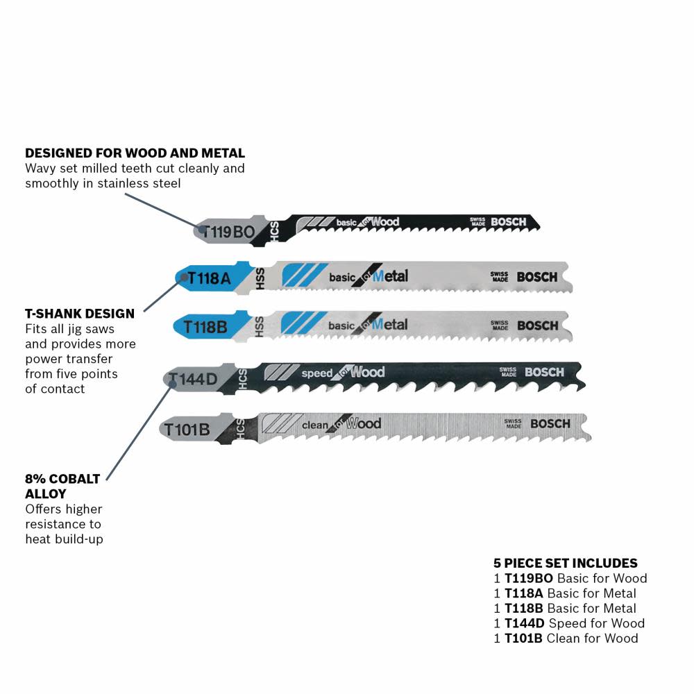 5 pc. T-Shank Jig Saw Blade Set for Wood and Metal ;