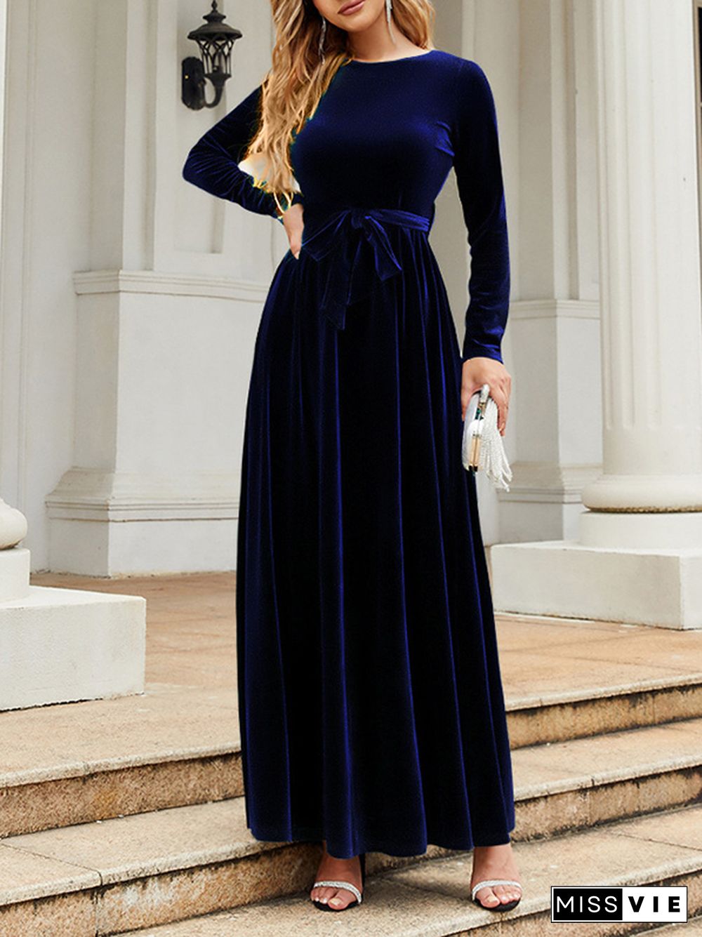 Long Sleeves Wrap Belted Pleated Solid Color Zipper Round-Neck Maxi Dresses