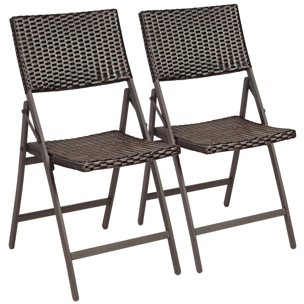 Costway Set Of 2 Patio Rattan Folding Dining Chairs Portable Garden Yard Brown