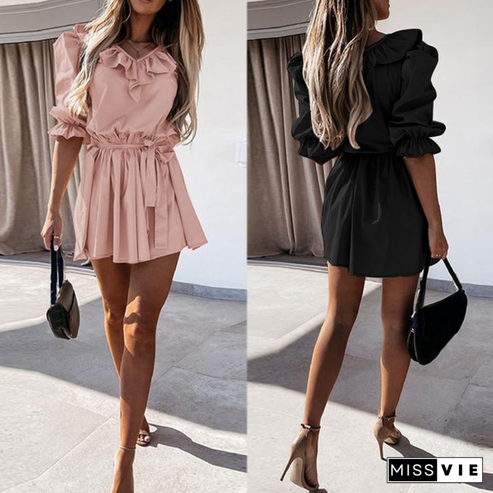 Summer Women Vintage Casual Plain Half Sleeve V Neck Sundress Party Ruffle Elastic Waist Mini Shirt Dress