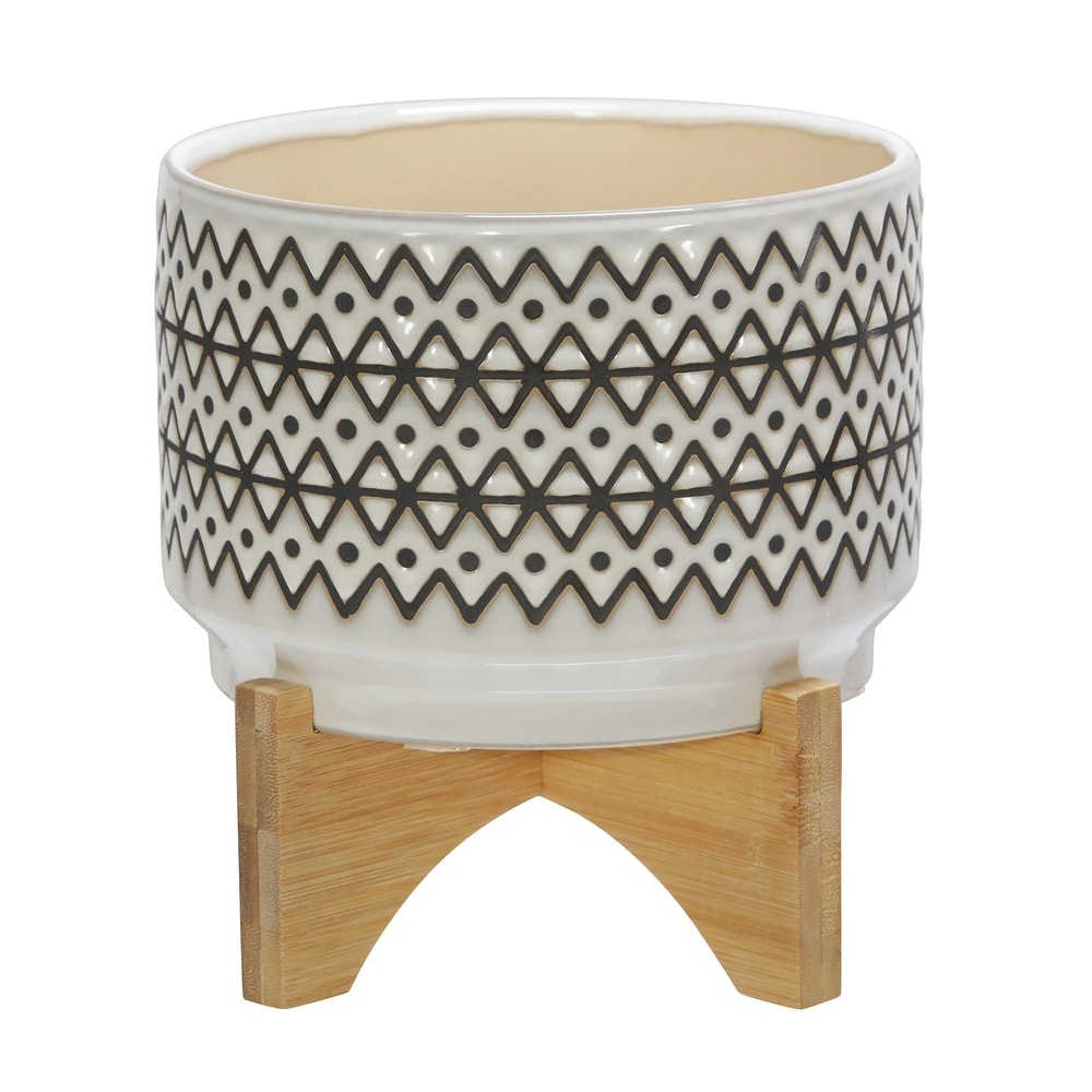 Off White Ceramic Planter with Black Hand painted Design on Wood Stand   7.0\