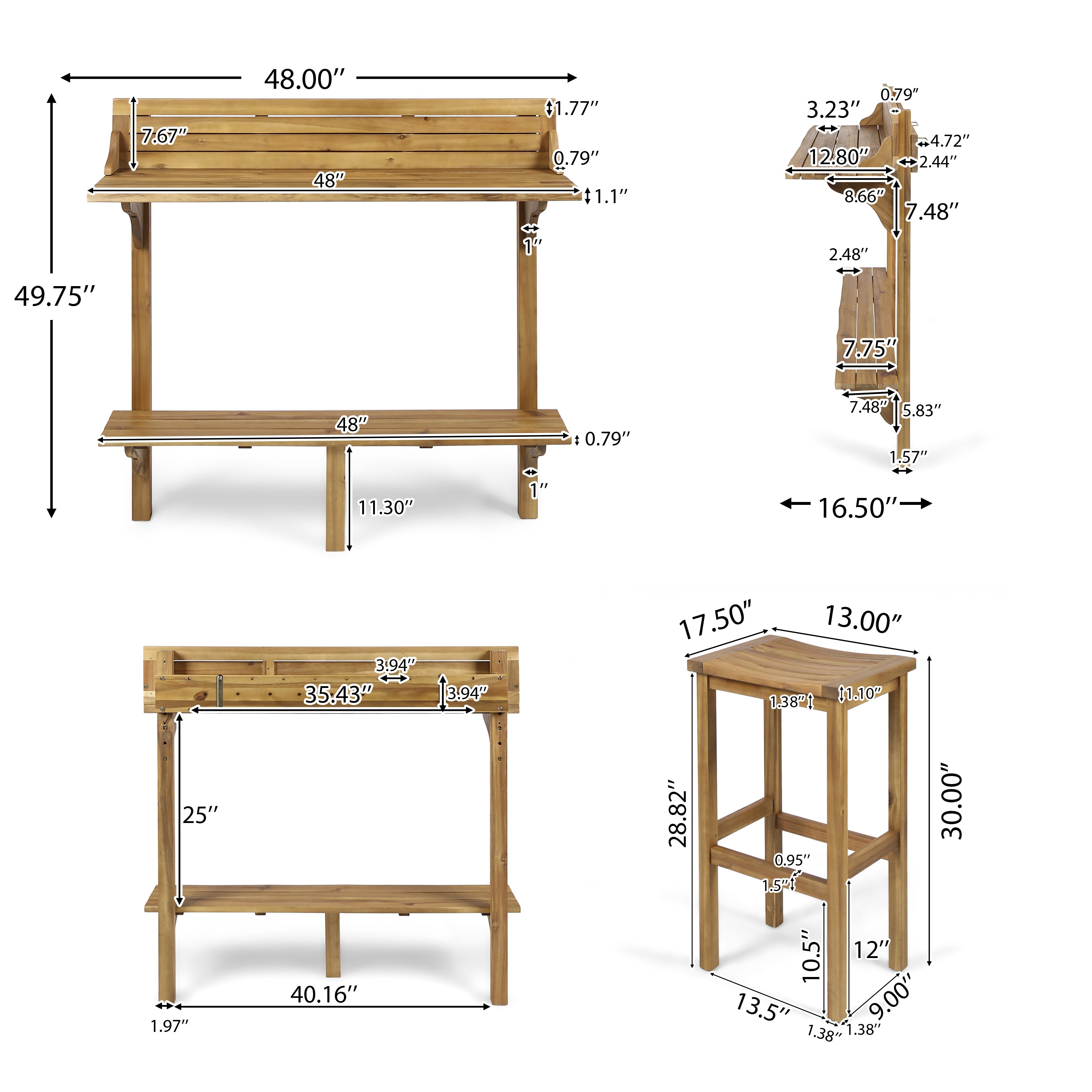 Pensacola Outdoor 3 Piece Acacia Wood Balcony Bar Set