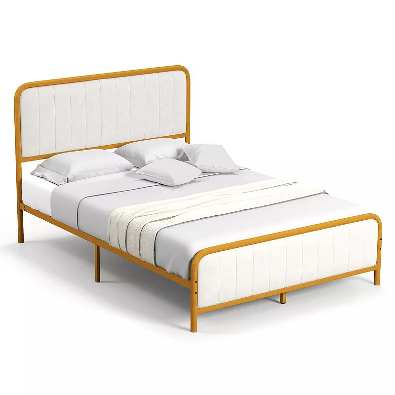 Upholstered Gold Platform Bed Frame with Velvet Headboard