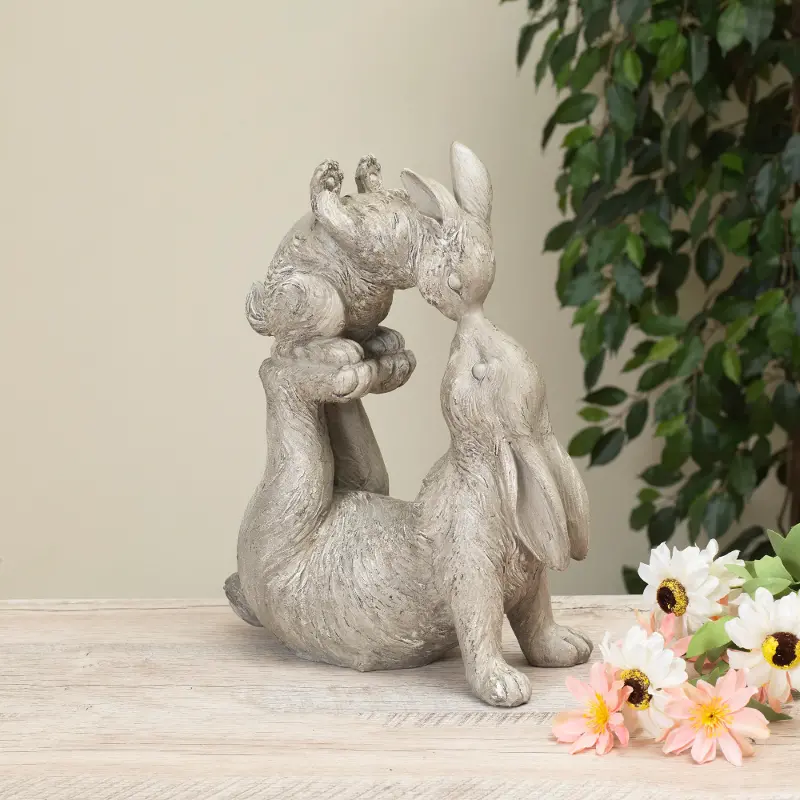 Light Gray Resin Kissing Bunnies Outdoor Figurine