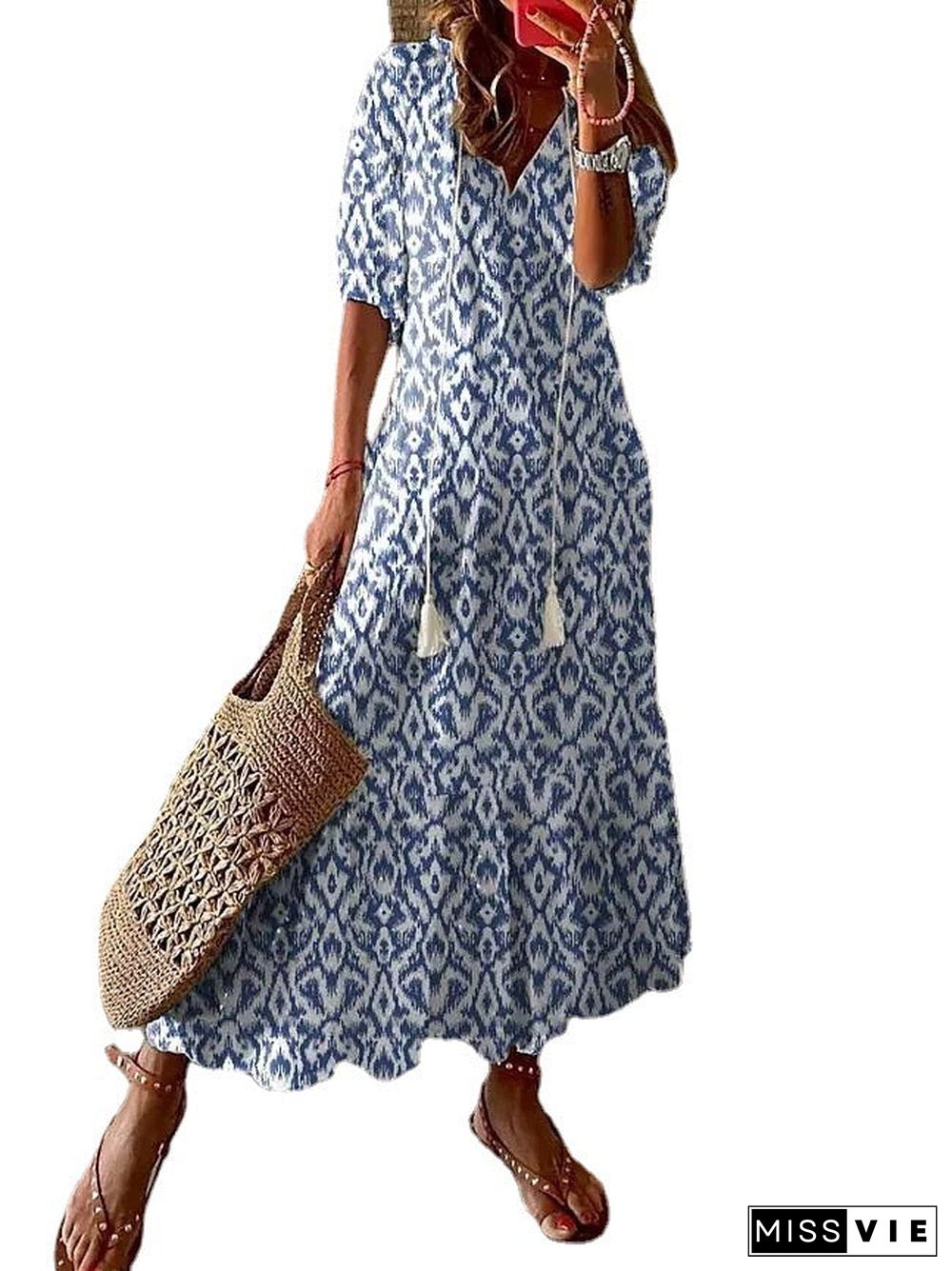 Casual And Sweet Loose V-neck Printed Tassel Mid-sleeve Long Dress For Women