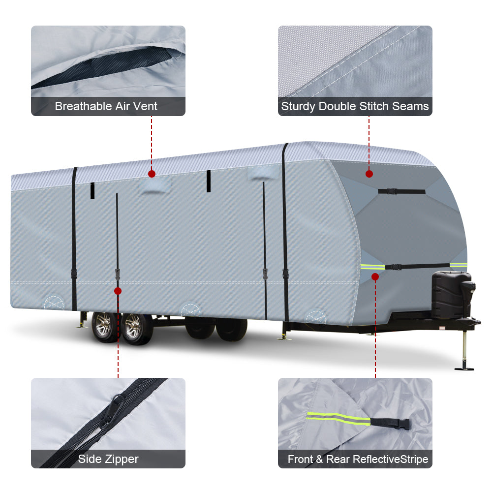 YEOPGYEON Travel Trailer RV Cover 600D Oxford Cloth，31.7'-34' Waterproof 6 Layers with 4 Tire Covers，Tongue Jack Cover，Waterproof Anti-Uv Prevent Top Tearing Caused by Sun Exposure