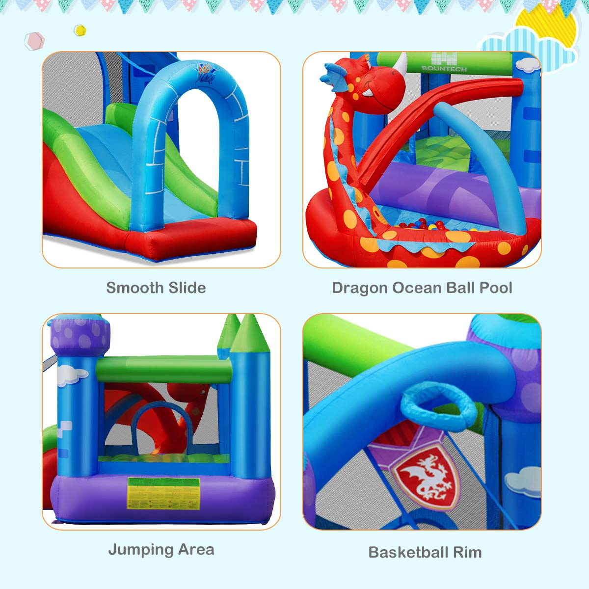 BOUNTECH Inflatable Bounce House, Dragon Jumping Castle Bouncer w/Slide, Jump Area