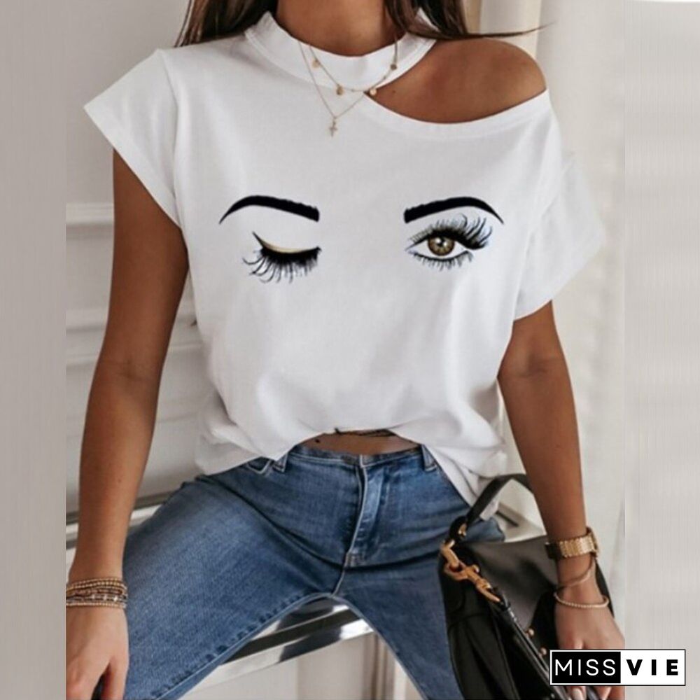 Women Summer Love Print Tshirt Casual Short Sleeve Tops Tees Sexy Off Shoulder T-Shirt O-Neck Loose Shirts Female D30