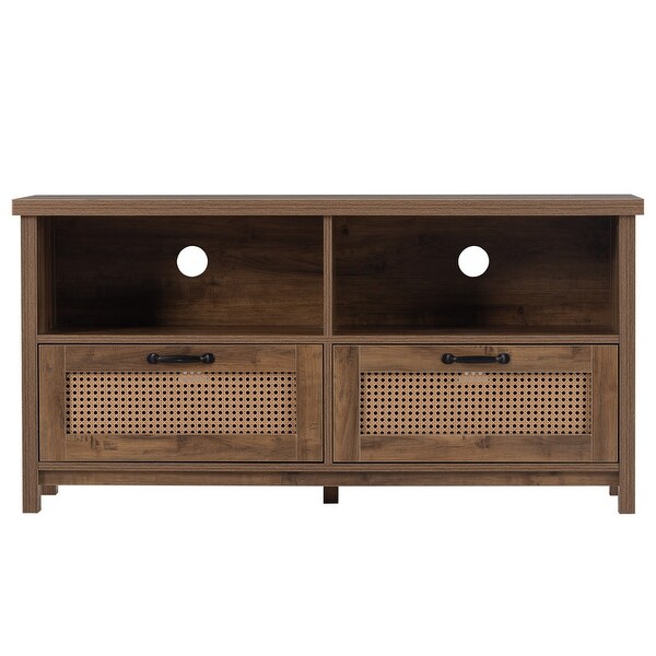 Rustic Rattan TV Stand with 2 Rattan Drawers and Open Storage， for TV ups to 55''