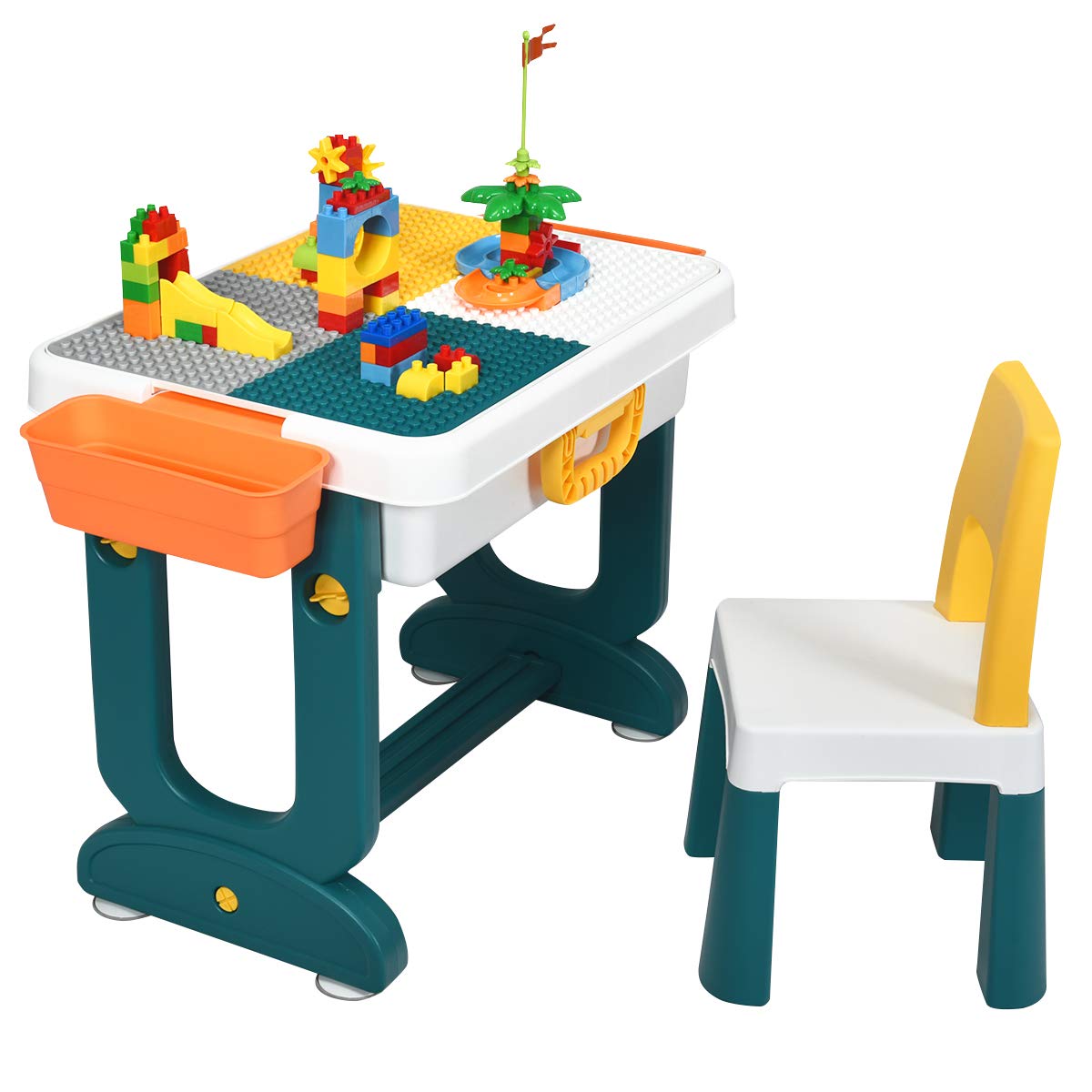 Costzon 5 in 1 Kids Multi Activity Table and Chair Set, Building Block Table w/Double-Sided Board