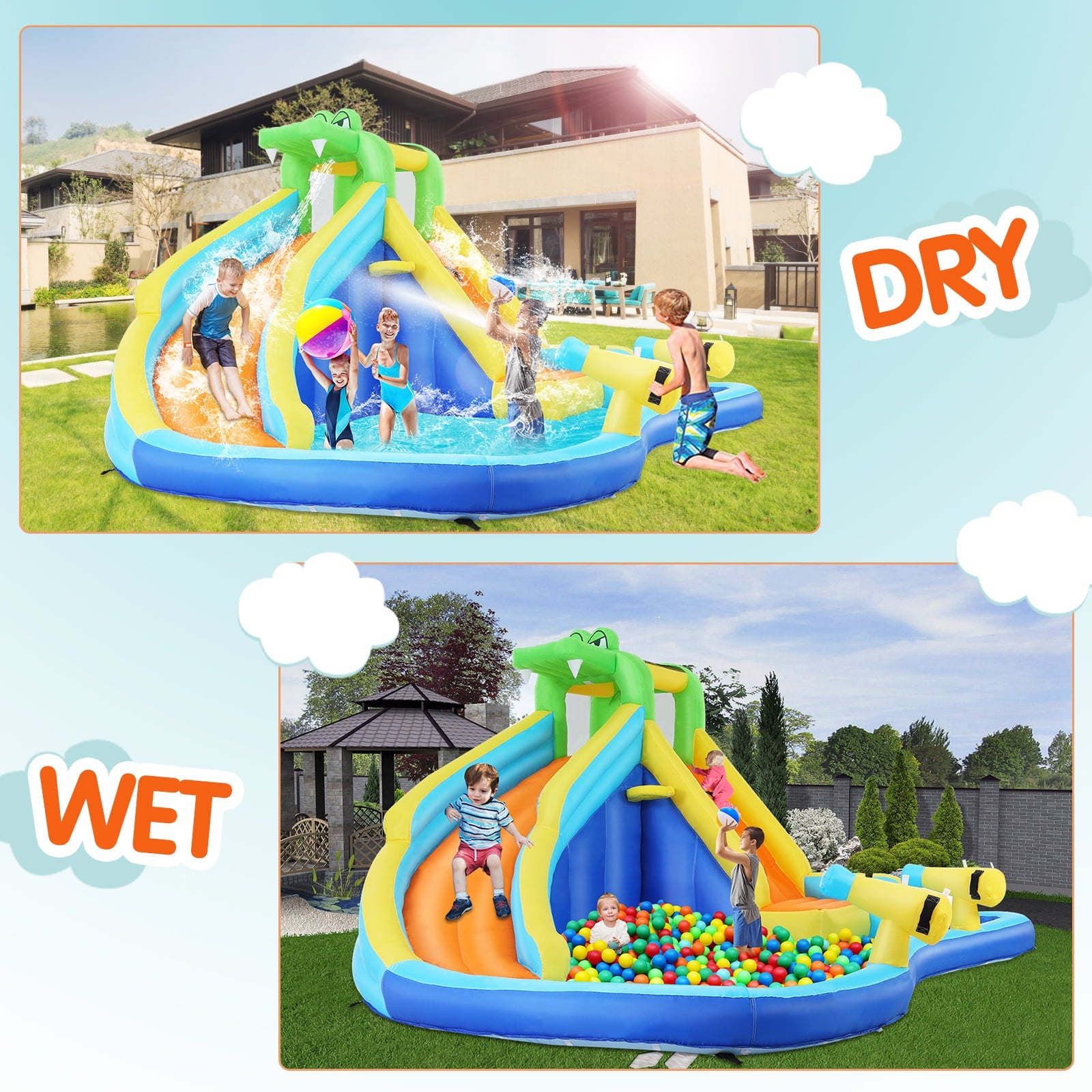 Inflatable Bounce House with Spray Pool, 2 Water Guns, Climbing Wall, Basketball Hoop, and Inflatable Water Slide with UL Air Blower, for Wet and Dry  Bouncy House(Gift for Kids)