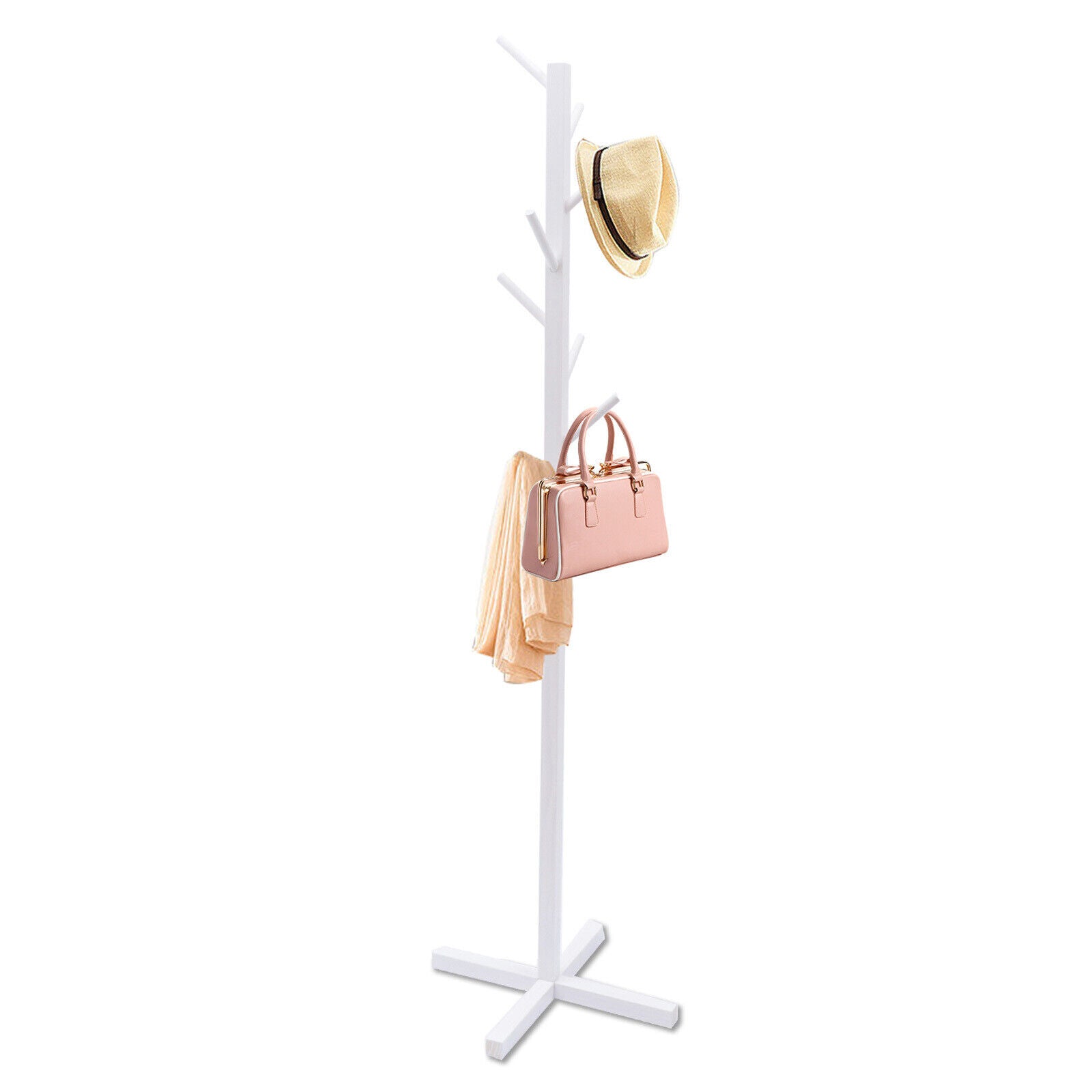 8-Hook Wooden White Coat Stand Hat Display Holder Rack Tree Shape Clothes Hanger Coats Hanger Clothes Rack  Freestanding Clothing Rack Storage Stand Holder