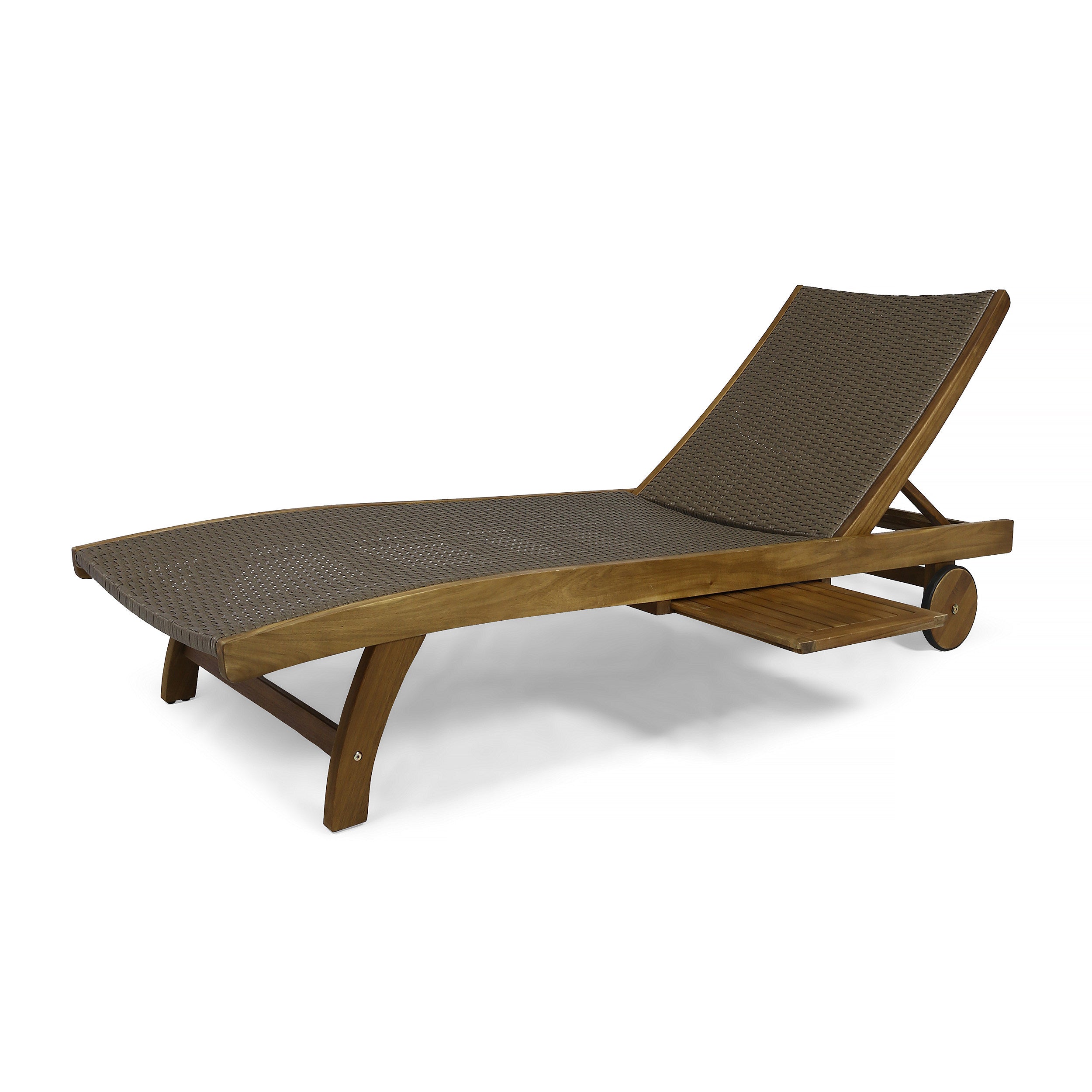 Yedda Outdoor Wicker and Wood Chaise Lounge with Pull-Out Tray