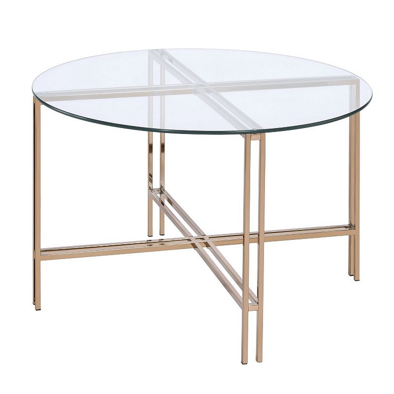 Coffee Table with X Shaped Metal Base and Round Glass Top， Gold