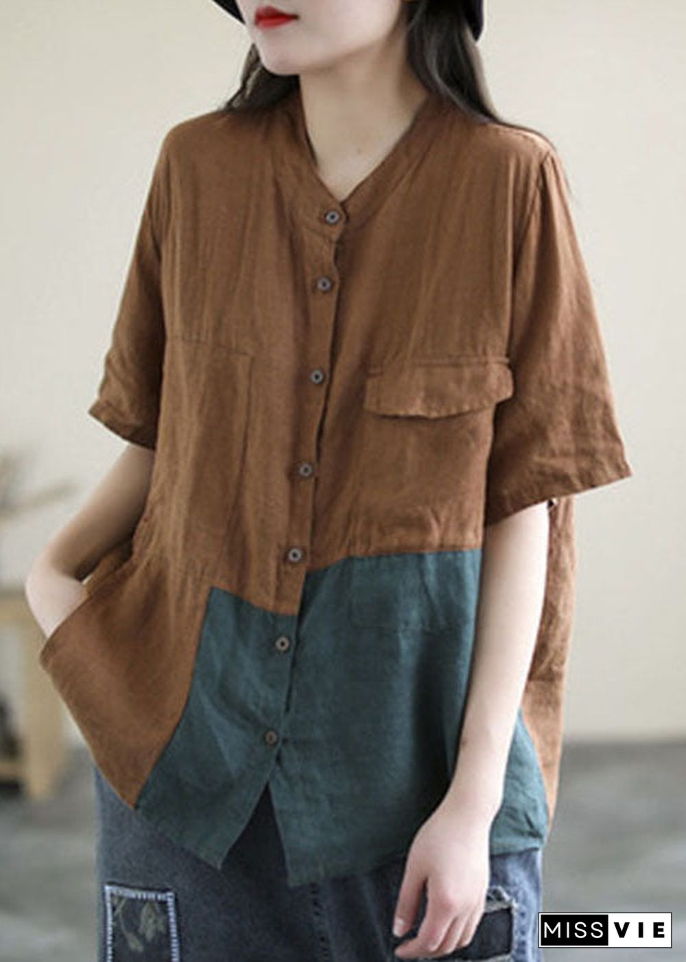 Handmade Chocolate Green Asymmetrical Patchwork Linen Shirt Tops Short Sleeve