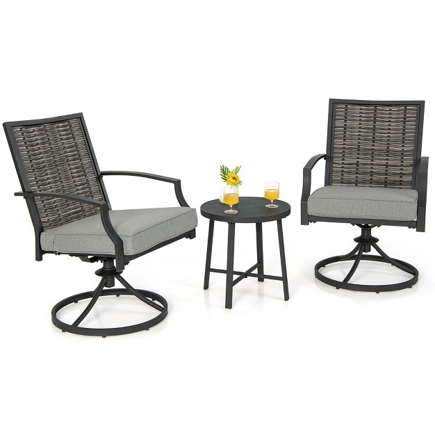 Costway 3 Pcs Patio Swivel Chair Set Coffee Table Wicker Cushioned Seat Balcony Porch