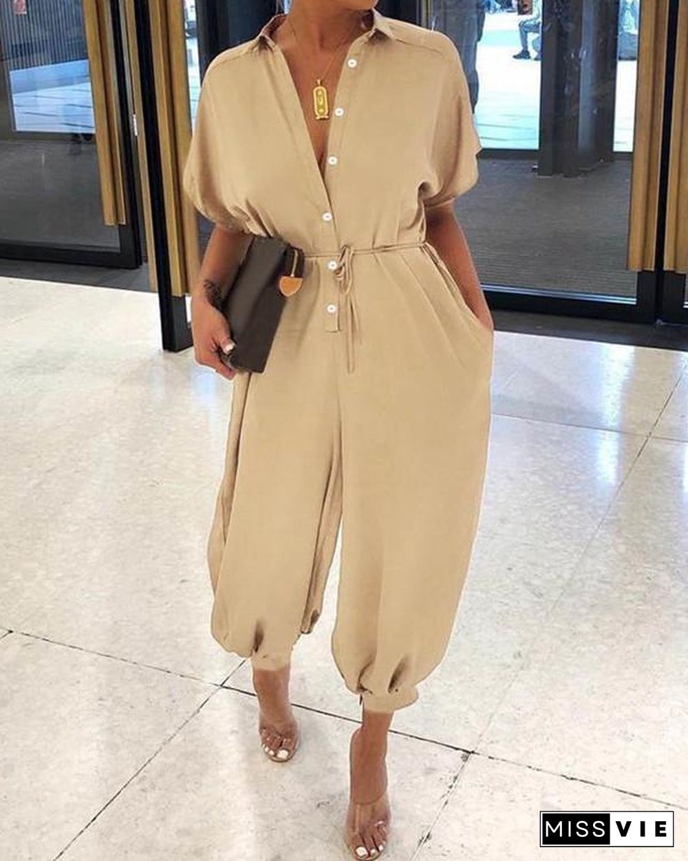 Solid Color Fold-Over Collar Single-Breasted Short-Sleeved Jumpsuit