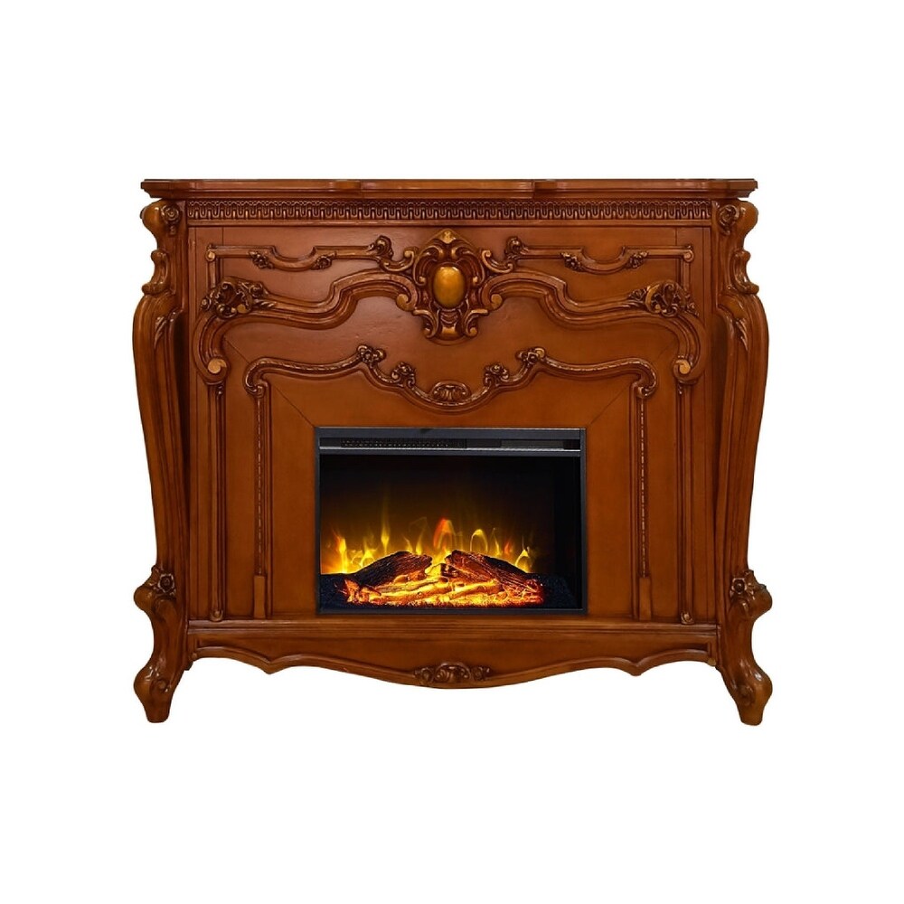 Ples 59 Inch Electric Fireplace  Carved Scrolled Legs  Walnut Brown