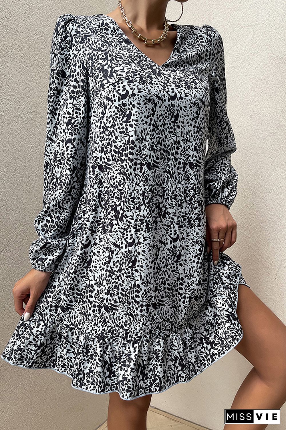 Long Sleeve Printing Ruffle Dress