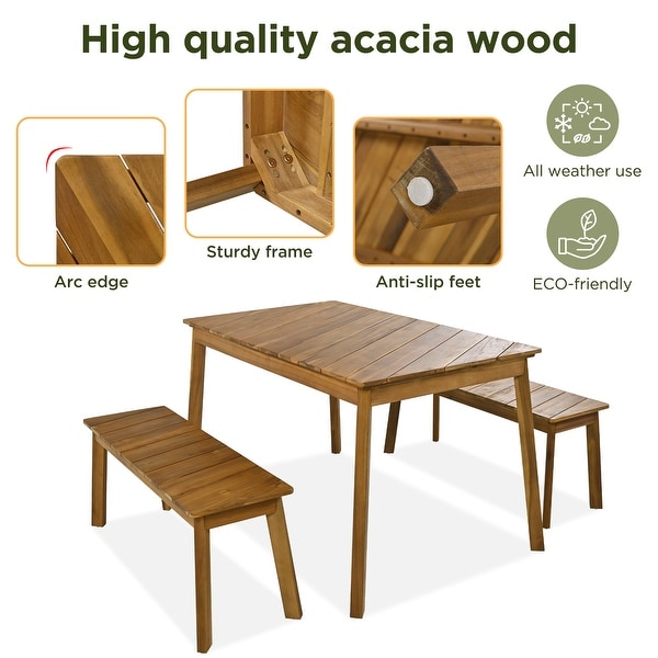 Modern 3Piece Acacia Wood Dining Set with 2 Benches