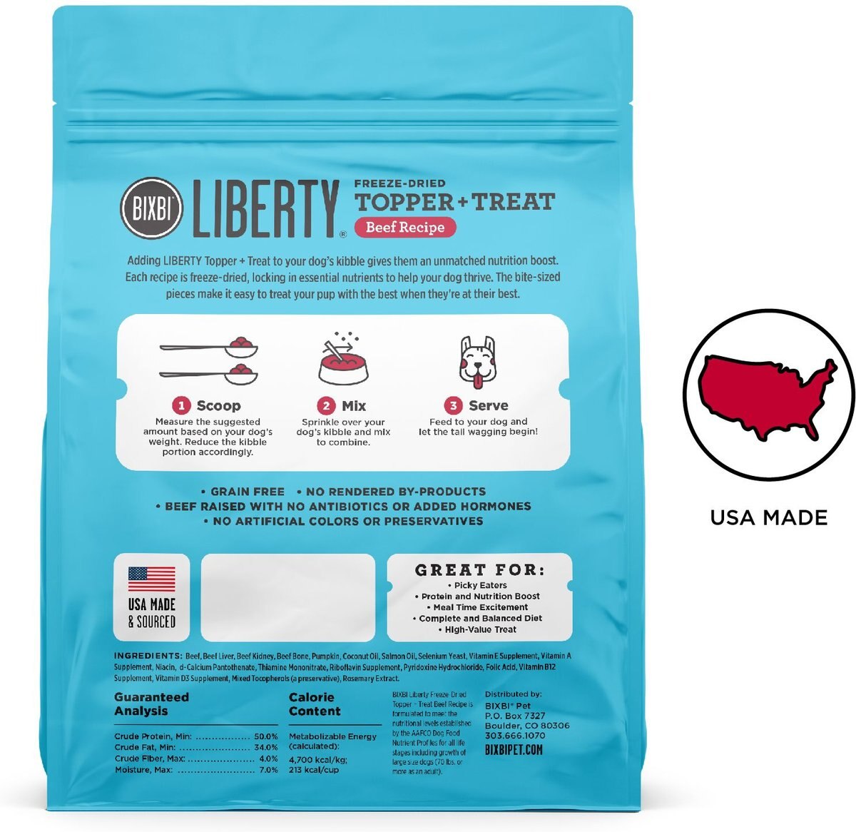 BIXBI Liberty Beef Recipe Freeze-Dried Dog Topper and Treat， 4.5-oz bag