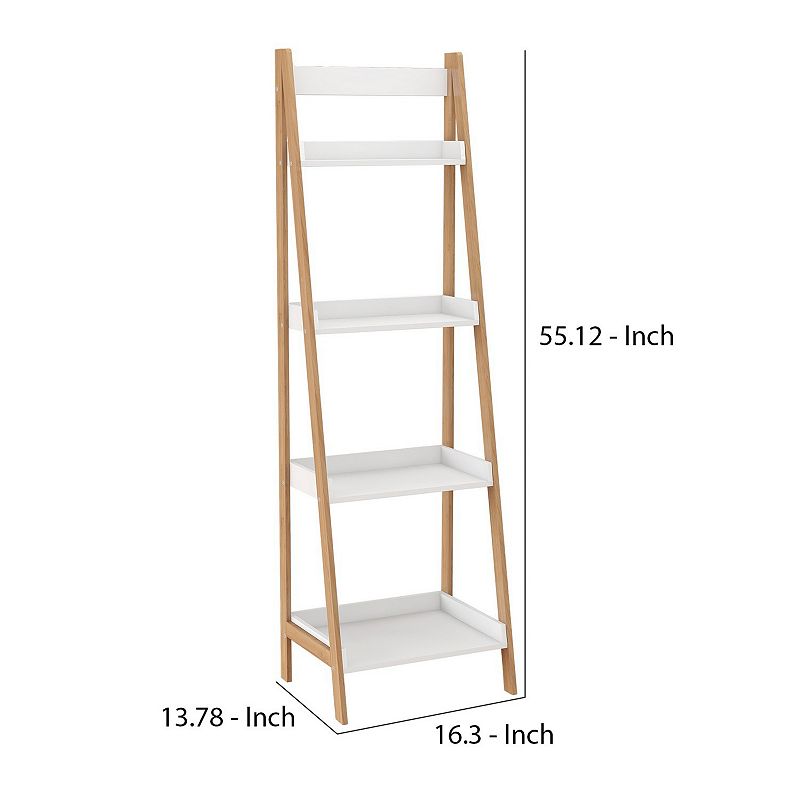 4 Tier Bookshelf with Ladder Style and Raised Edges， White and Brown