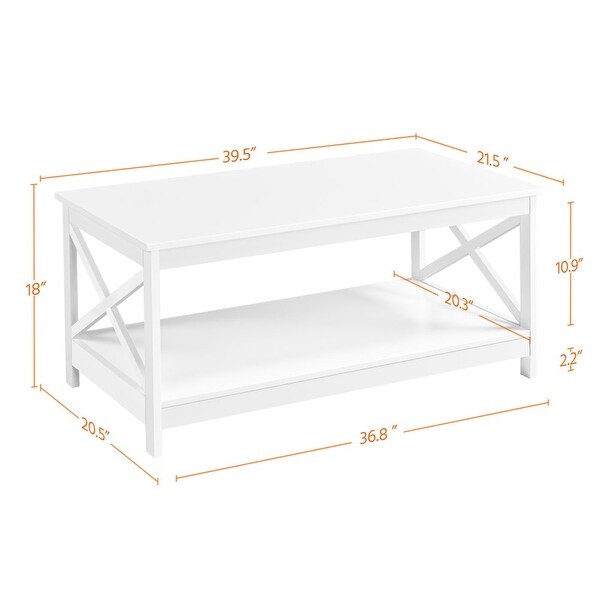 Modern Wood X-Design Rectangle Coffee Table with Storage Shelf， White