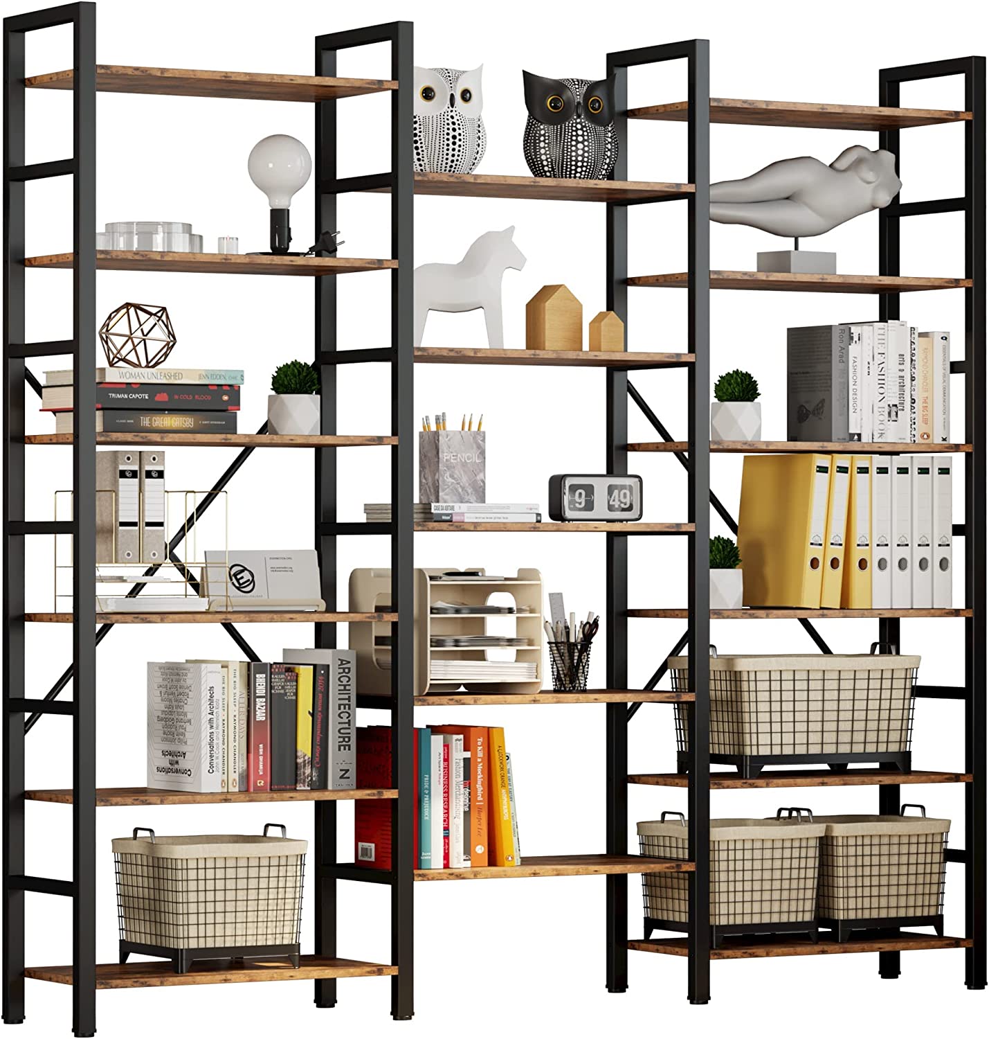 Triple Wide 6 Tiers Industrial Bookshelf, Large Etagere Bookcases and Bookshelves Open Display Shelves with Metal Frame