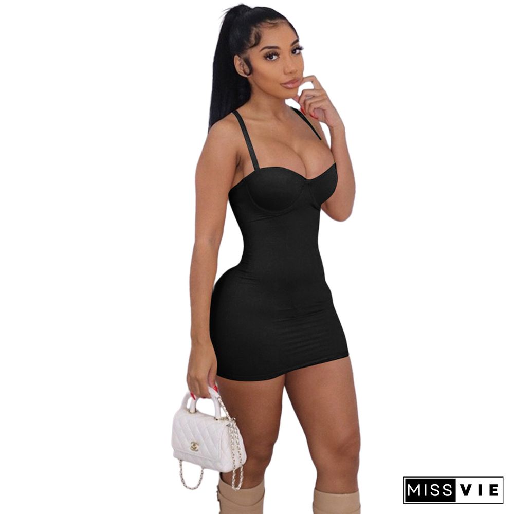 Solid Spaghetti Strap High Waist Bodycon Mini Dress