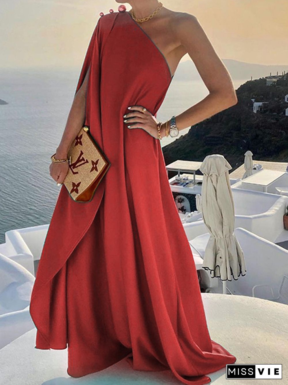 Women Sexy Off Shoulder Boho Long Dress Elegant One Shoulder Loose Party Dress Summer Fashion Button Solid Beach Maxi Dress