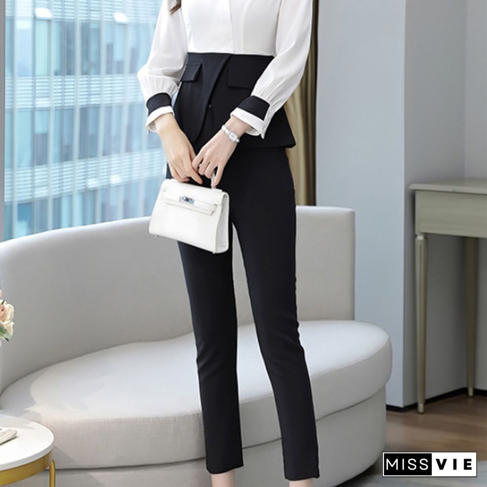 Designer Autumn Suit Women Pants 2 Piece Set Elegant Office Lady Outfits Hit Color Blouse And Pants Fashion Sets