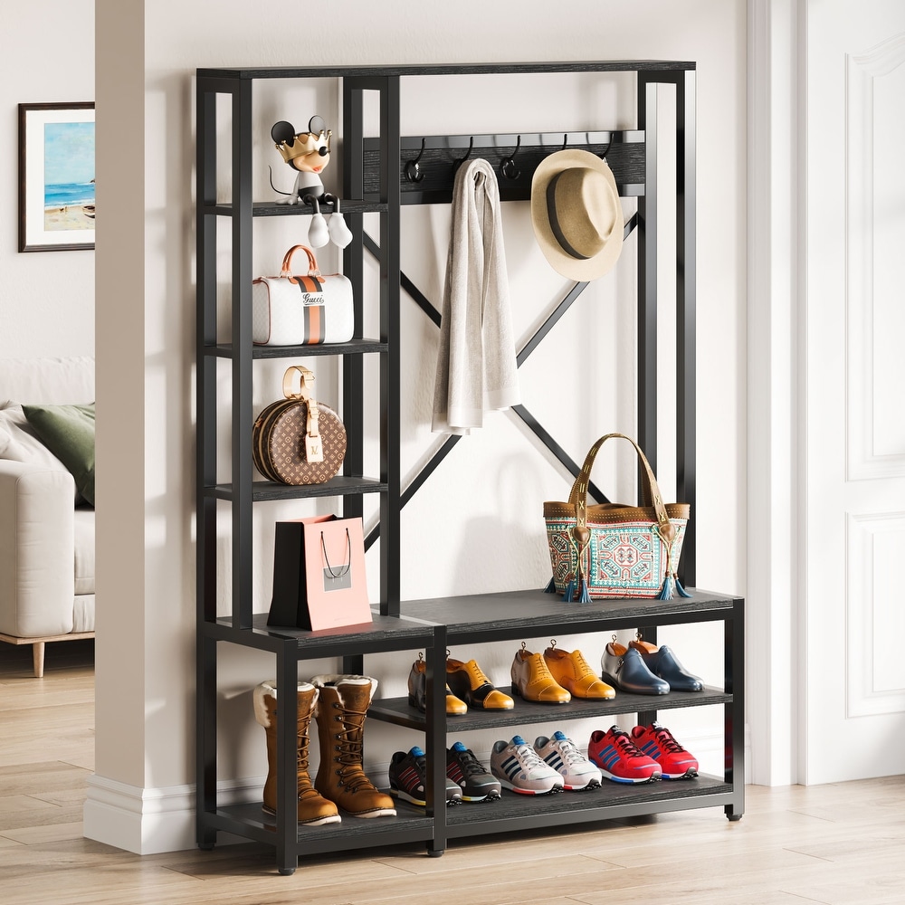 Entryway Hall Tree Coat Rack with Shoe Bench and Side Storage Shelves