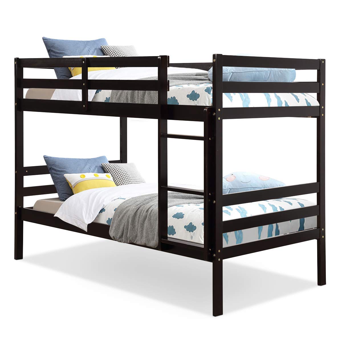 Costzon Twin Bunk Bed, Solid Hardwood Twin Over Twin Bed for Kids with Ladder and Safety Rail