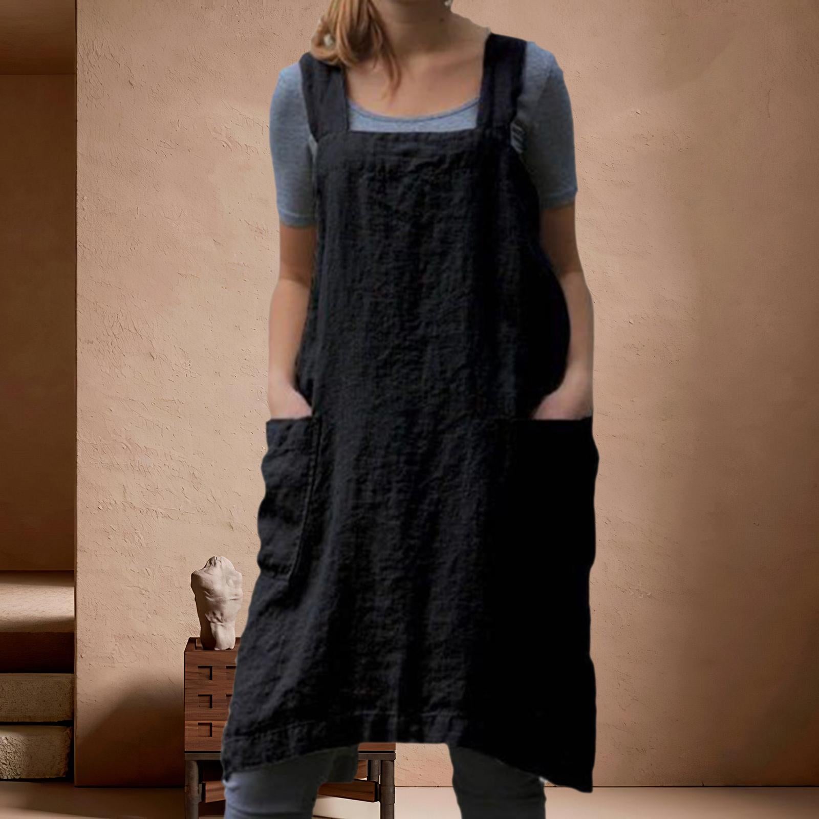 Linen Apron with Pockets Gardening Works Painting Pinny Gift Pinafore Dress with XL