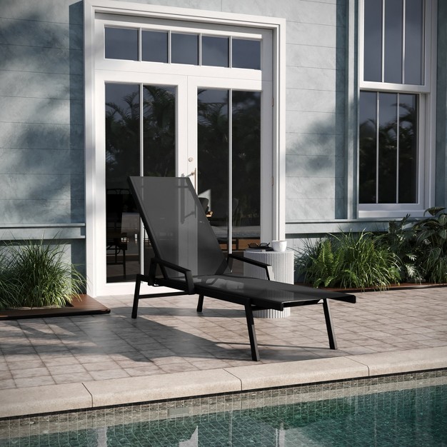 Emma And Oliver Textilene Adjustable 5 Position Patio Chaise Lounge With Armrests And Metal Frame