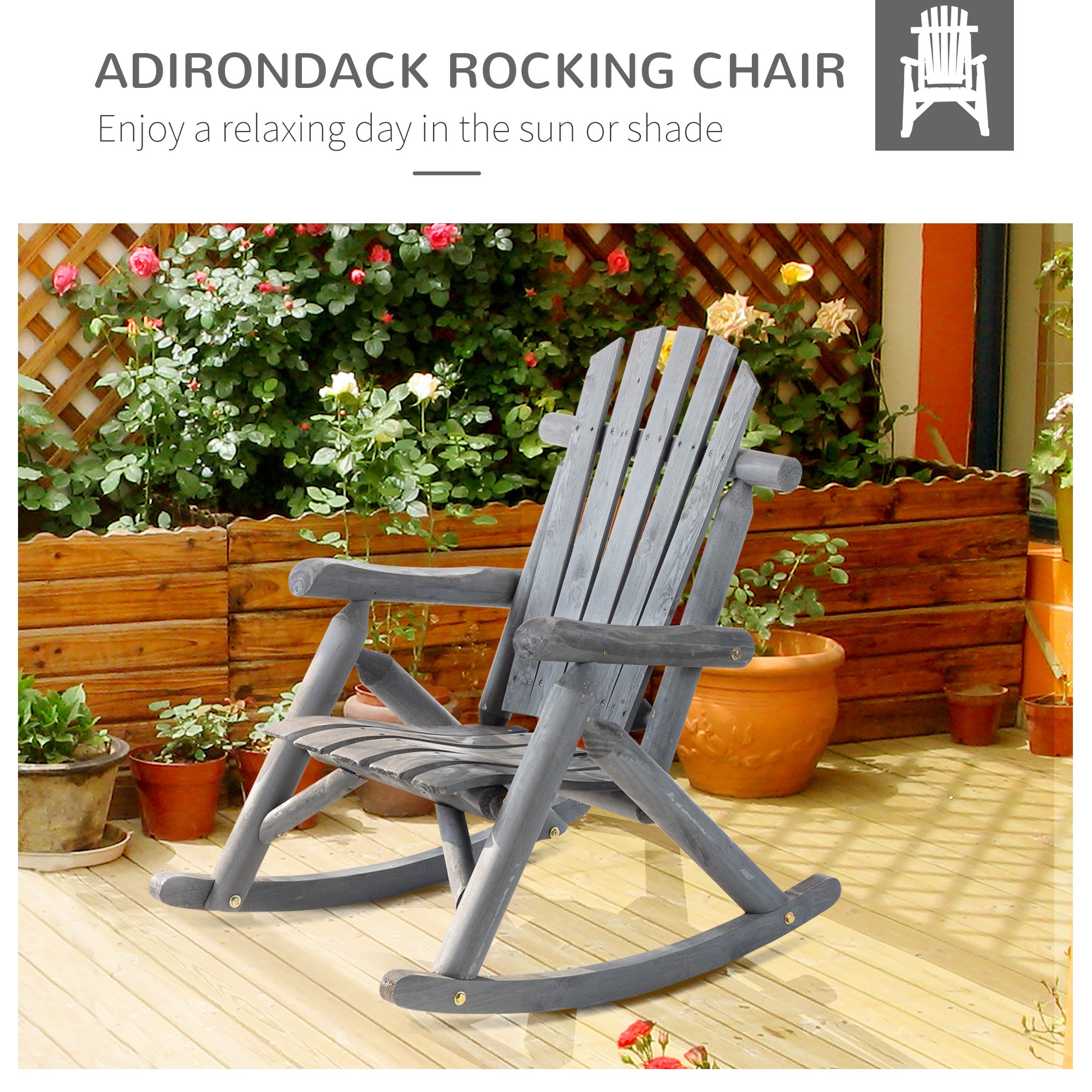 Outsunny Outdoor Wooden Rocking Chair, Rustic Adirondack Rocker with Slatted Seat, High Backrest, Armrests for Patio, Garden, and Porch, Small, Gray