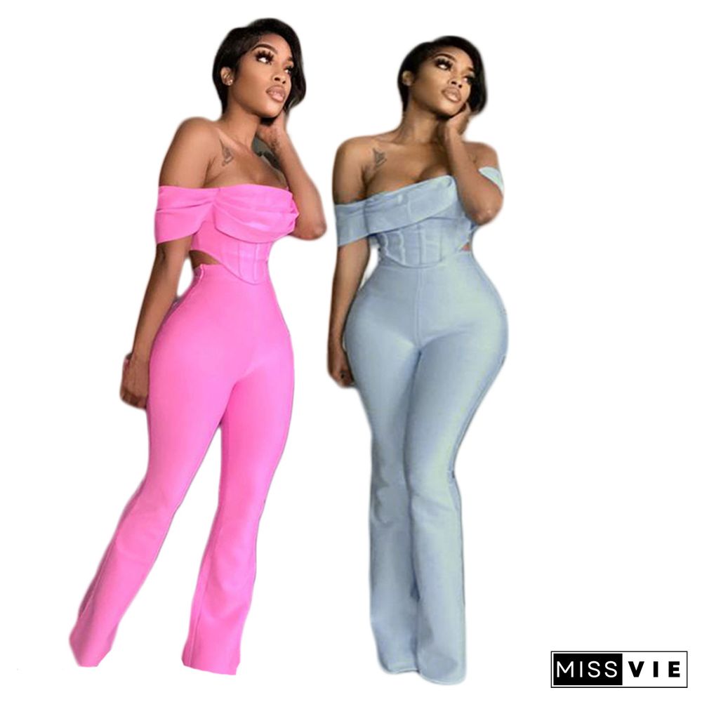 Sexy Solid Color Short Sleeve Off Shoulder Slim Fit Crop Top Flared Pants Streetwear Two Piece Set