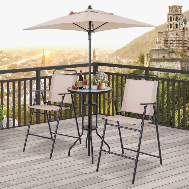 Costway 4pcs Patio Bistro Set Folding Counter Height Chairs Round Bar Table amp Umbrella