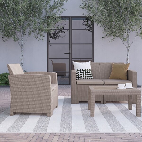 4 Piece Outdoor Faux Rattan Chair，Loveseat and Table Set