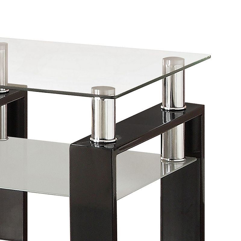 Glass Top End Table with 1 Bottom Shelf， Clear and Black