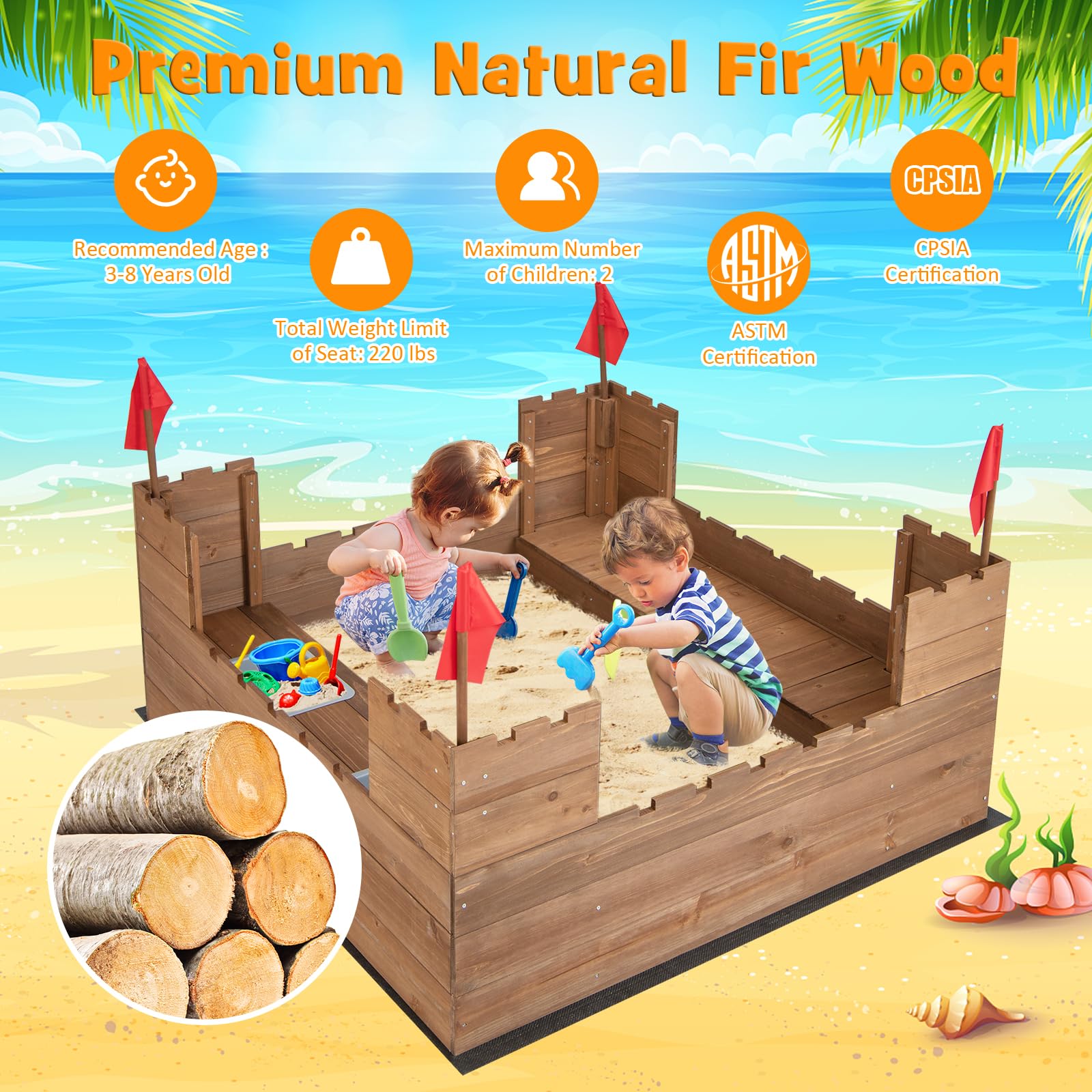 Costzon Cedar Wood Sandbox, Outdoor Sandpit w/Built-in Bench Seats