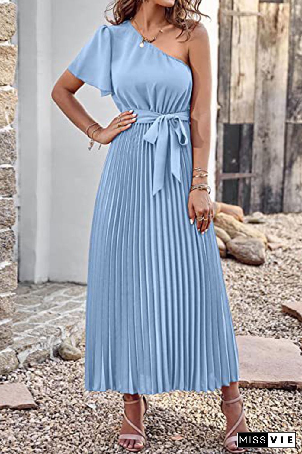 One SHoulder Short Sleeve Smock Maxi Dress