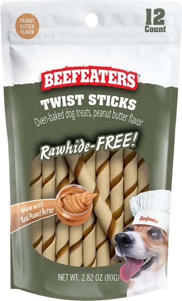 Beefeaters Twist Sticks Peanut Butter Rawhide Free Dog Treat， 2.82-oz bag， case of 12