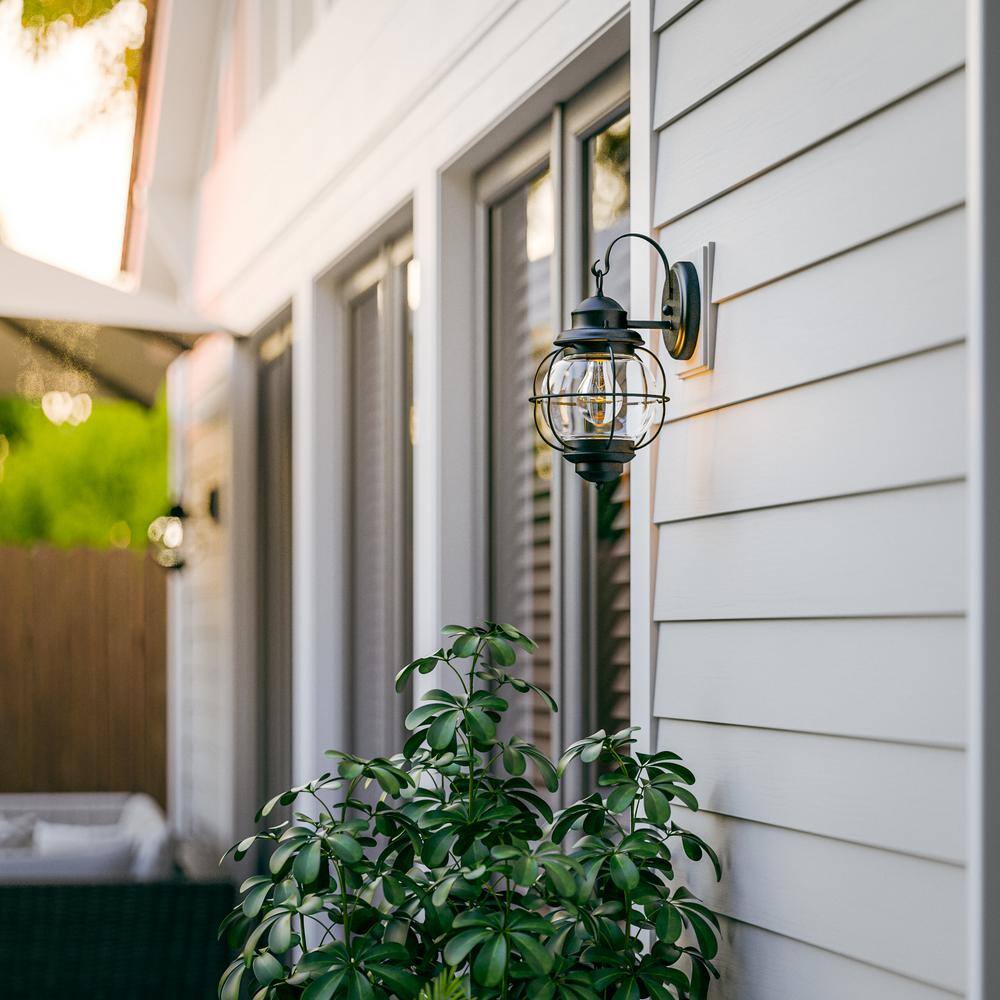 Home Decorators Collection Greer 1-Light Black Exterior Wall Lantern Sconce with Caged Seeded Glass HDP13669