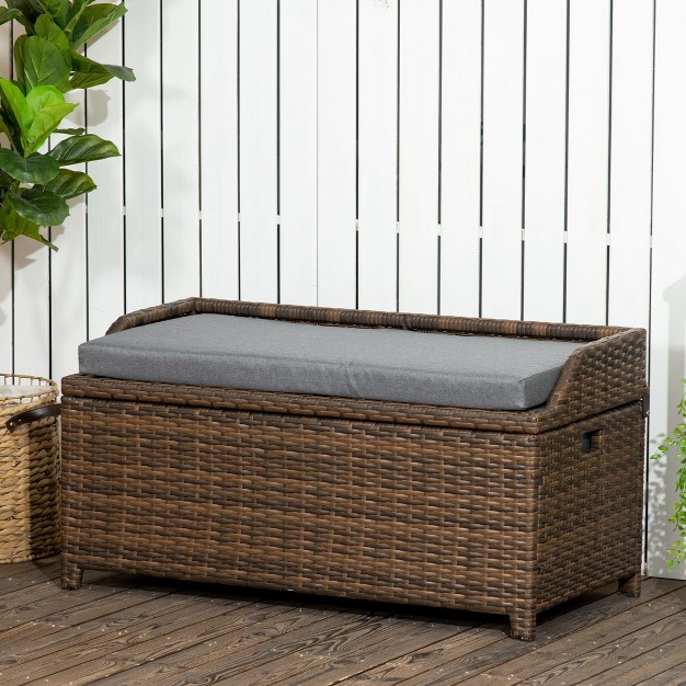 Outsunny Storage Bench Rattan Wicker Garden Deck Box Bin With Interior Waterproof Bag And Comfy Cushion Gray