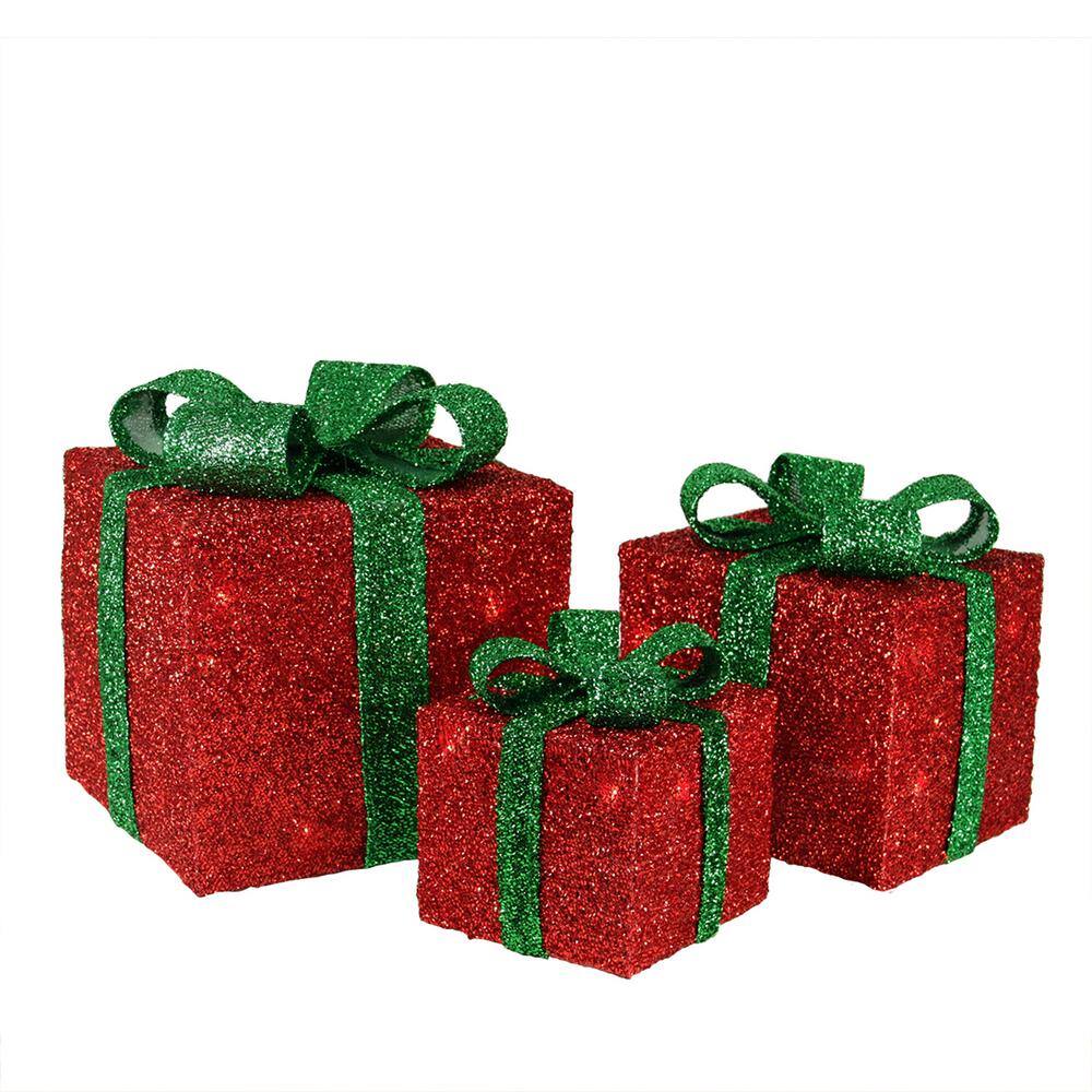 9 in. Christmas Outdoor Decorations Red Tinsel Gift Boxes with Green Bows Lighted (3-Pack) 31458004